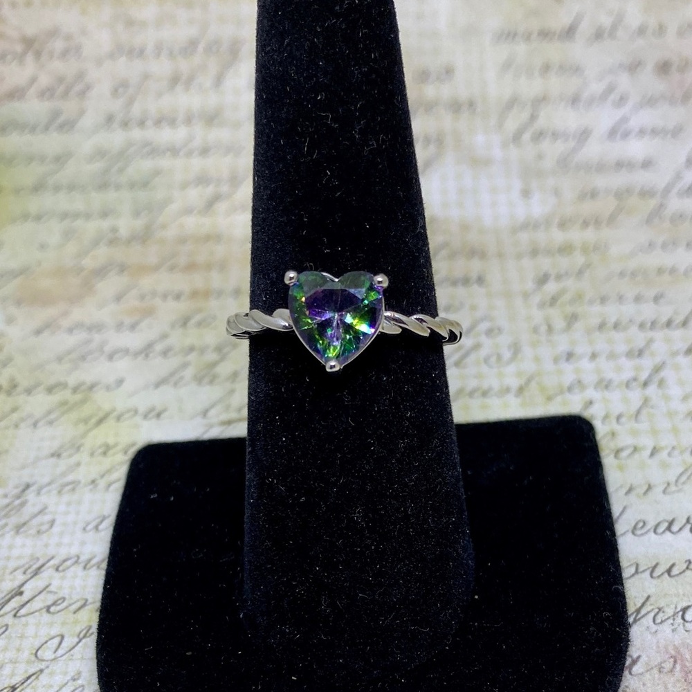 Mystic Topaz Heart .925 Silver Solitaire Ring - Picture 5 of 9
